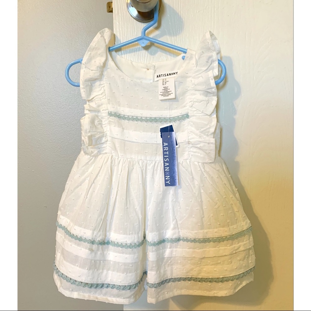 Toddler Dress - White with blue trim detail